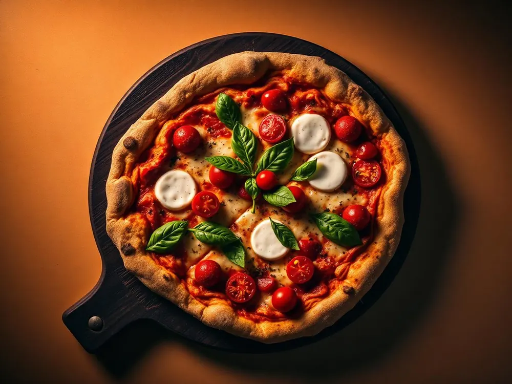 Pizza artesanal com queijo, tomates e manjericão